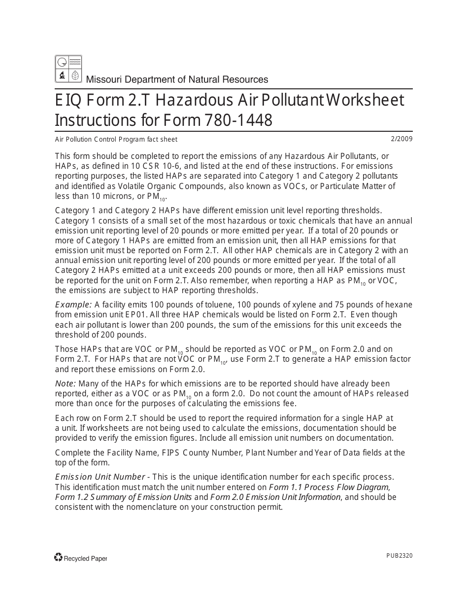 Instructions for EIQ Form 2.T, MO780-1448 Hazardous Air Pollutant Worksheet - Missouri, Page 1
