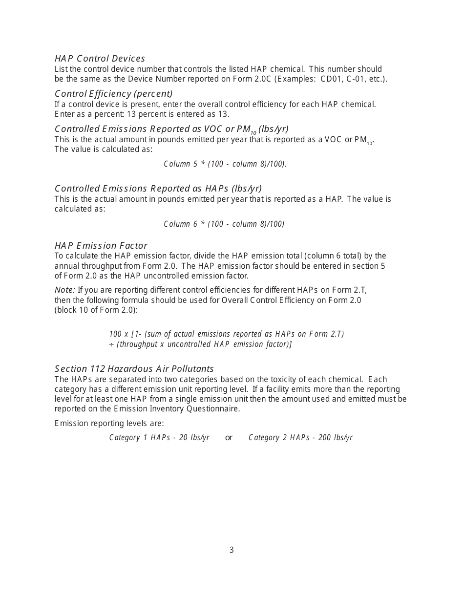 Instructions for EIQ Form 2.T, MO780-1448 Hazardous Air Pollutant Worksheet - Missouri, Page 3