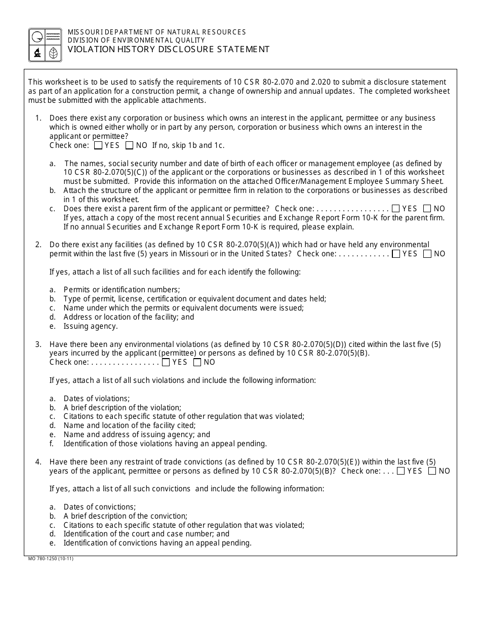 Form MO780-1250 Violation History Disclosure Statement and Summary Sheet - Missouri, Page 1