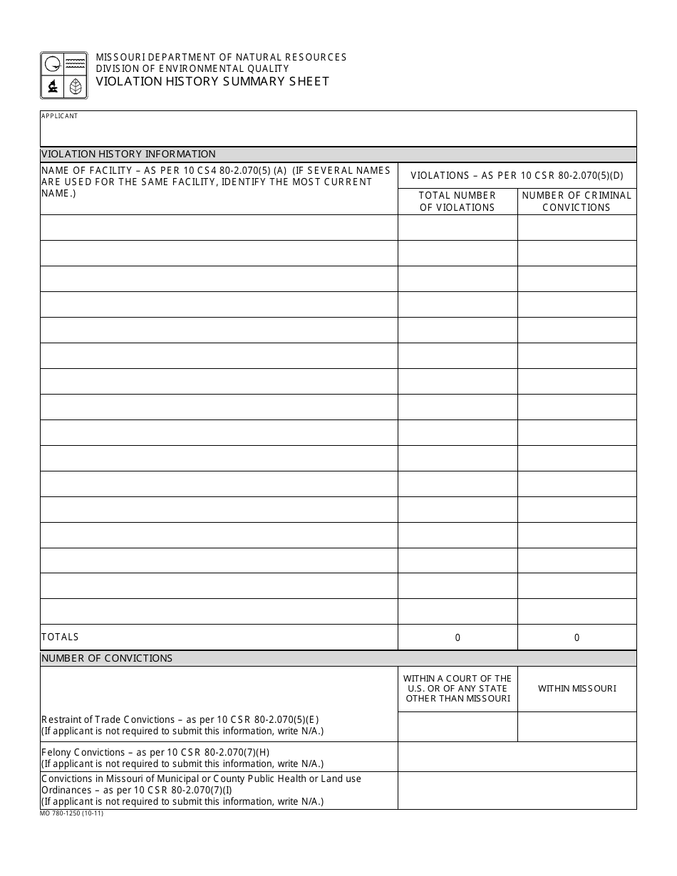 Form MO780-1250 Violation History Disclosure Statement and Summary Sheet - Missouri, Page 3