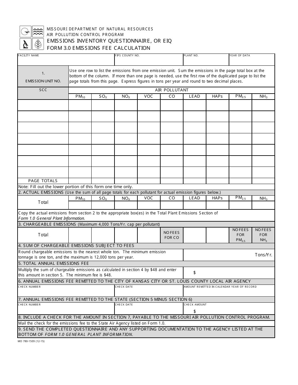 EIQ Form 3.0 (MO780-1509) Emissions Fee Calculation - Missouri, Page 1