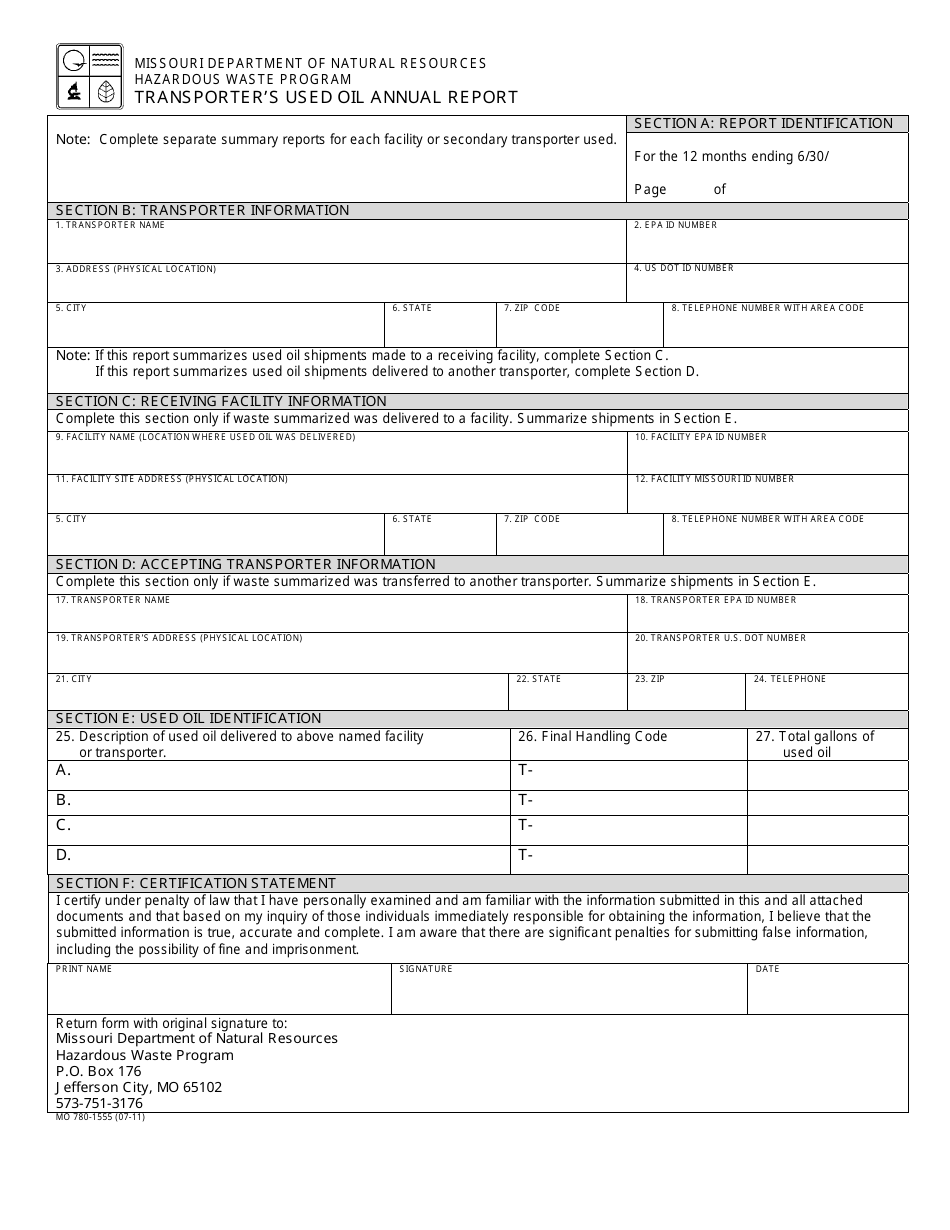 Form MO780-1555 Transporters Used Oil Annual Report - Missouri, Page 1