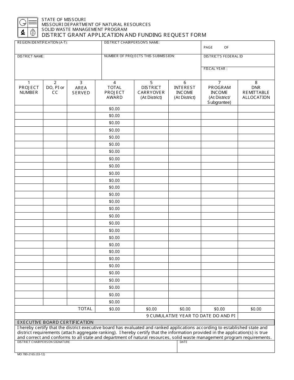 Form MO780-2165 District Grant Application and Funding Request Form - Missouri, Page 1