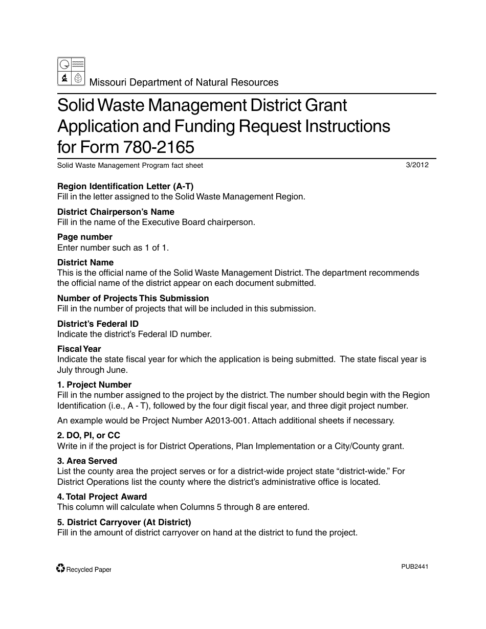 Instructions for Form MO780-2165 District Grant Application and Funding Request Form - Missouri, Page 1