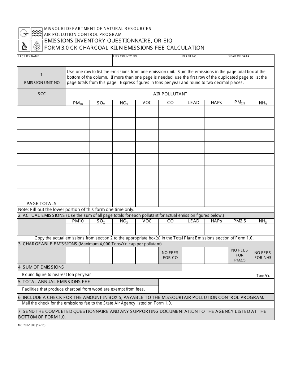 EIQ Form 3.0 CK (MO780-1508) Charcoal Kiln Emissions Fee Calculation - Missouri, Page 1