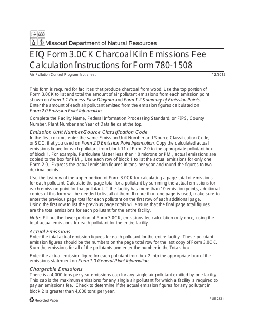 Instructions for EIQ Form 3.0CK, MO780-1508 Charcoal Kiln Emissions Fee Calculation - Missouri