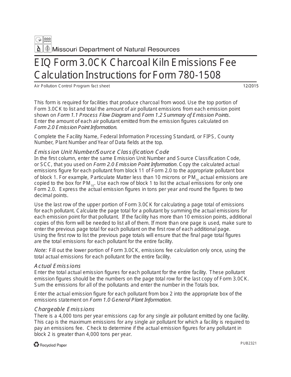 Instructions for EIQ Form 3.0CK, MO780-1508 Charcoal Kiln Emissions Fee Calculation - Missouri, Page 1