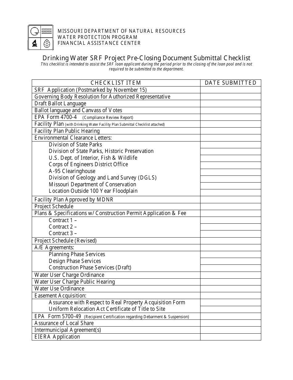 Drinking Water State Revolving Fund Pre-closing Document Submittal Checklist - Missouri, Page 1