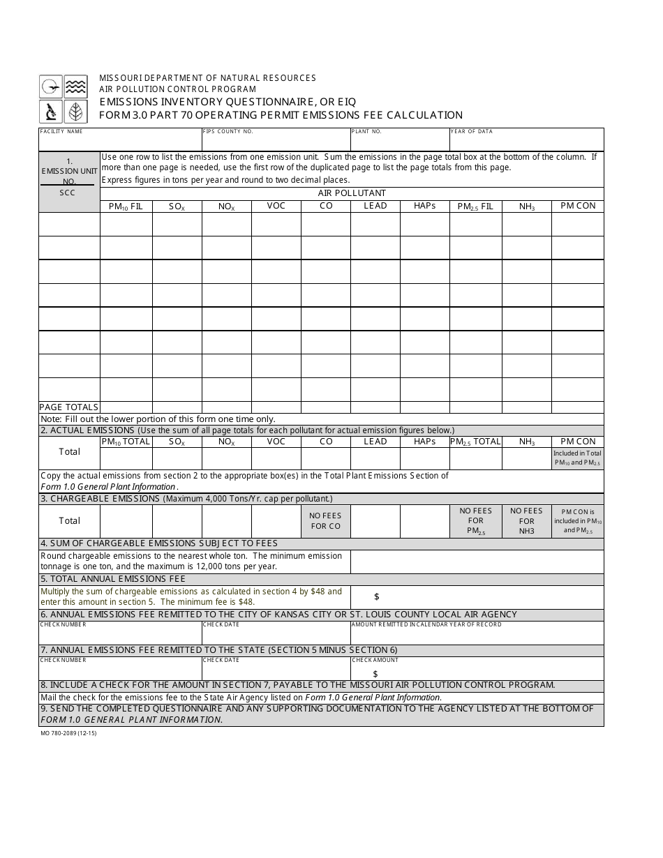EIQ Form 3 (MO780-2089) Part 70 Operating Permit Emissions Fee Calculation - Missouri, Page 1