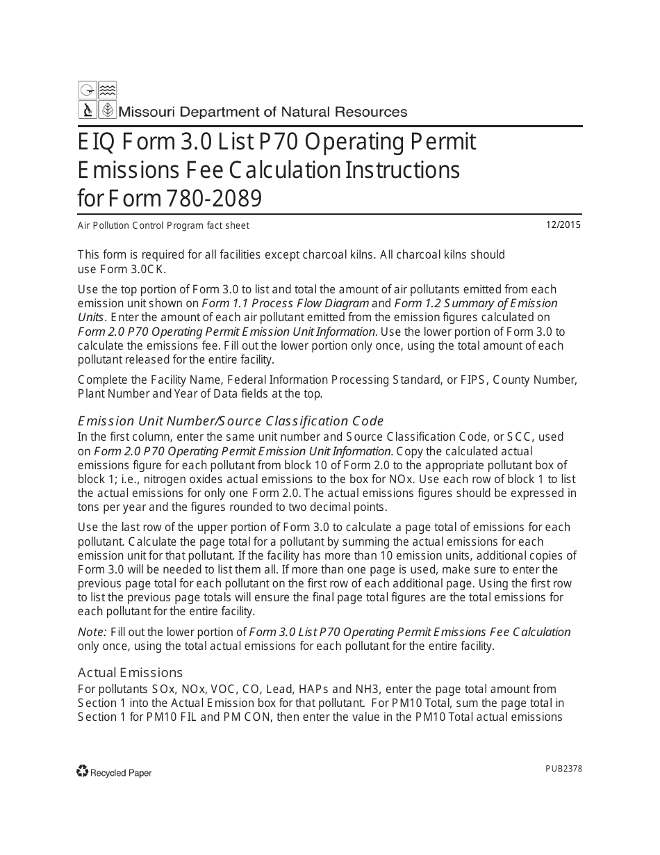 Instructions for EIQ Form 3.0, MO780-2089 Part 70 Operating Permit Emissions Fee Calculation - Missouri, Page 1