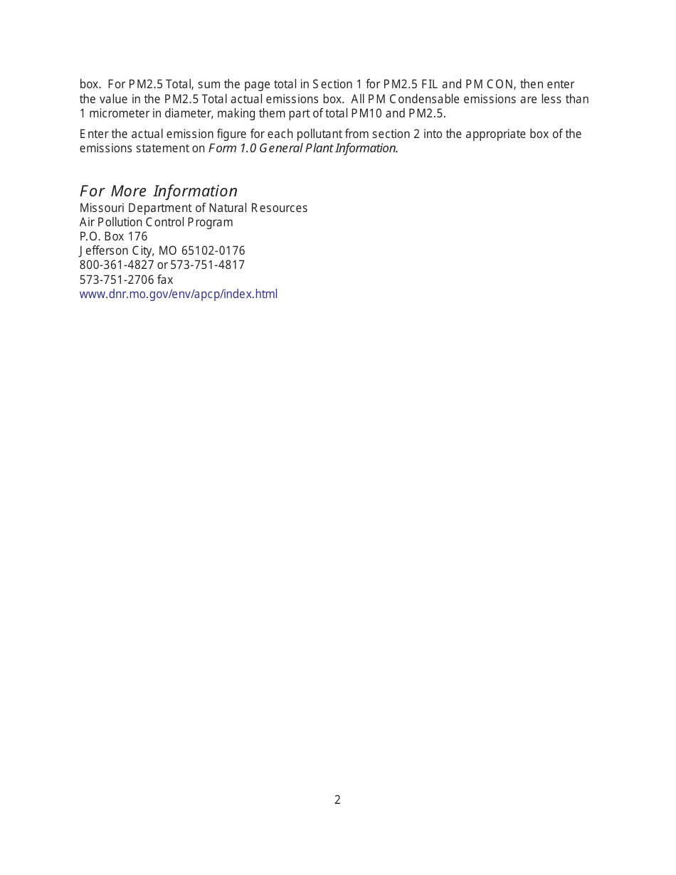 Instructions for EIQ Form 3.0, MO780-2089 Part 70 Operating Permit Emissions Fee Calculation - Missouri, Page 2