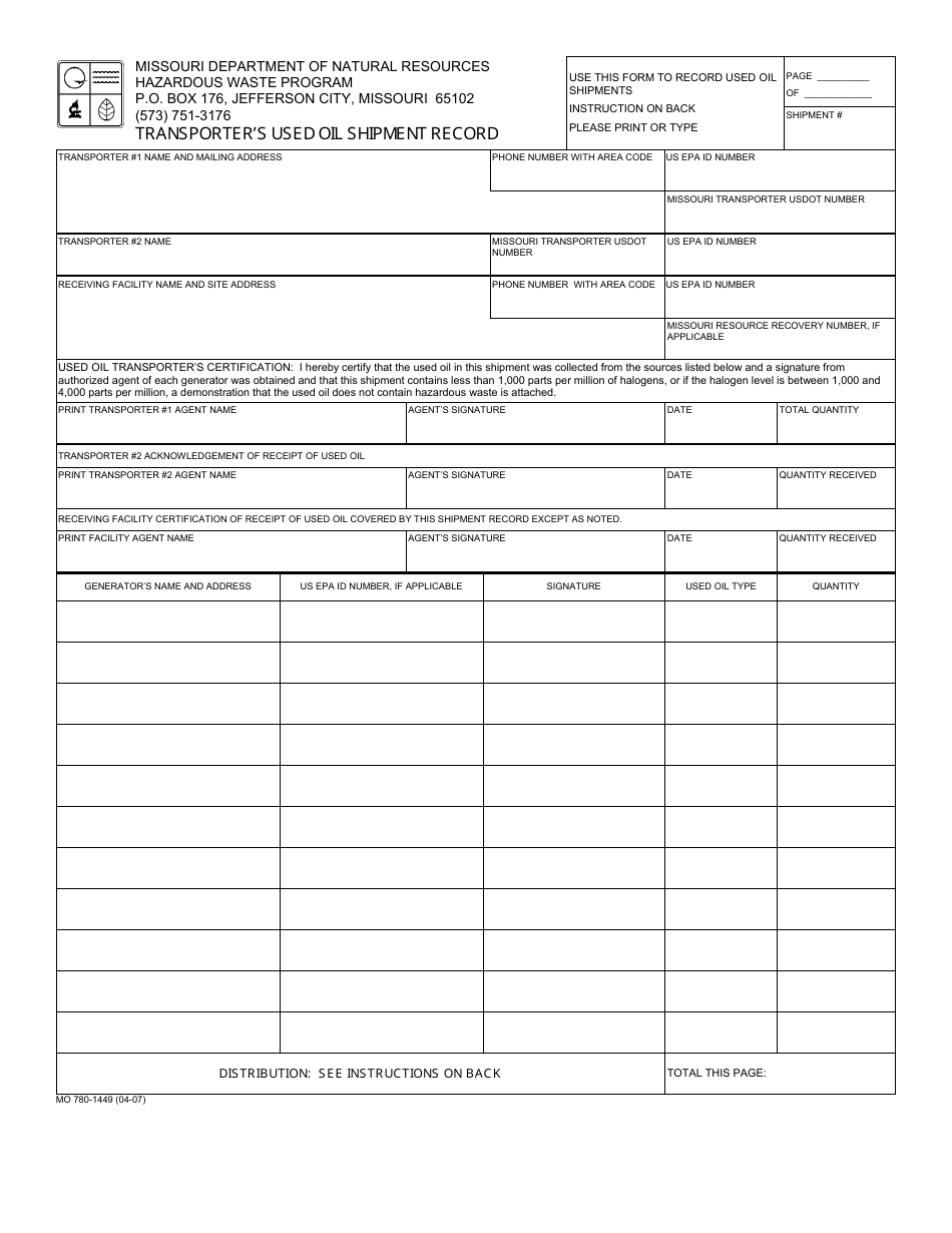 Form MO780-1449 Transporters Used Oil Shipment Record - Missouri, Page 1