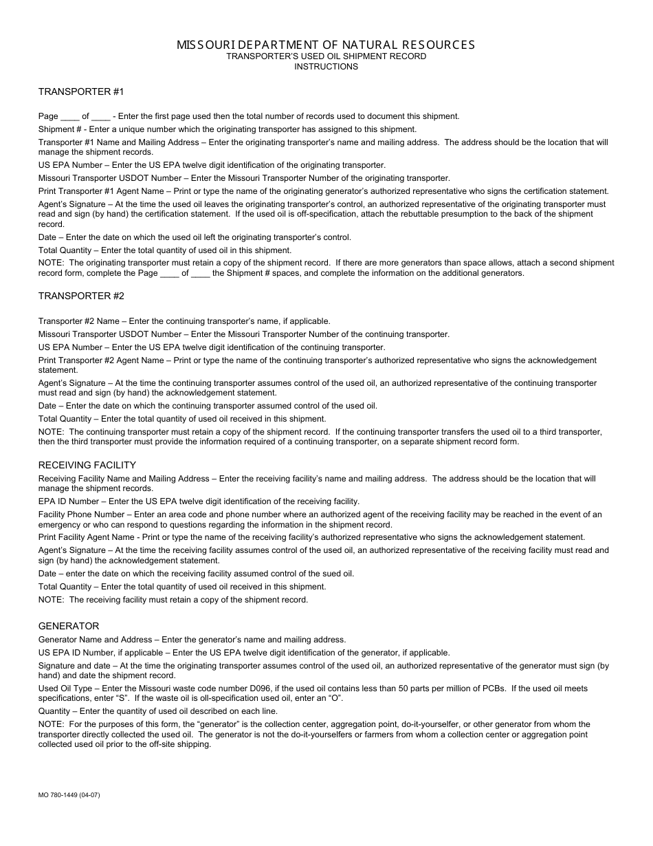 Form MO780-1449 Transporters Used Oil Shipment Record - Missouri, Page 2