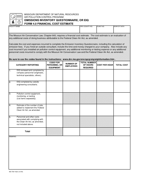 Form MO780-1622 (EIQ Form 4.0) Financial Cost Estimate - Missouri