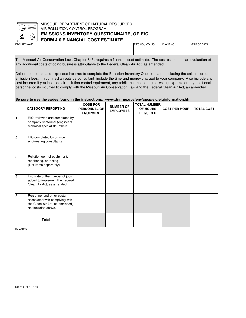 Form MO780-1622 (EIQ Form 4.0) Financial Cost Estimate - Missouri, Page 1