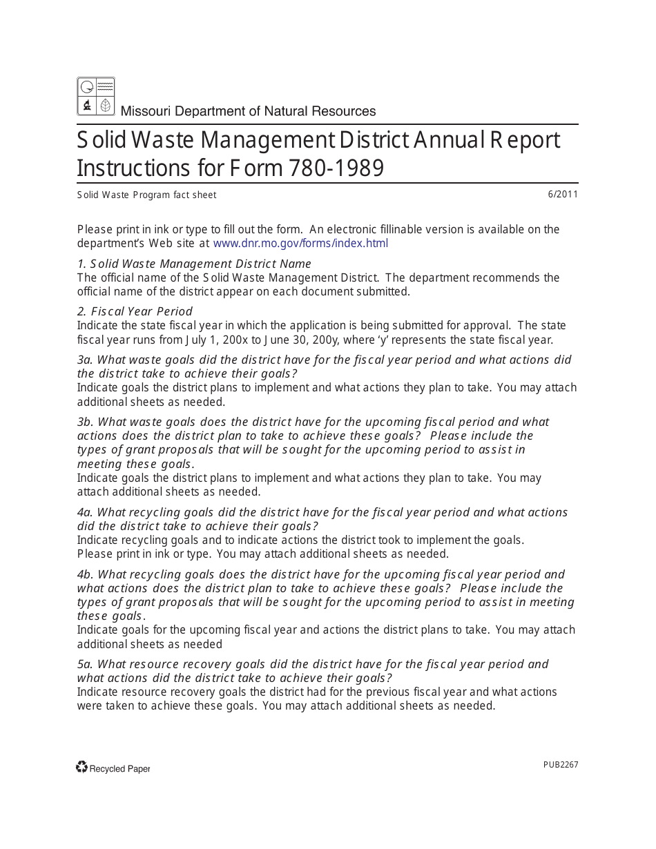 Instructions for Form MO780-1989 Solid Waste Management District Annual Report - Missouri, Page 1