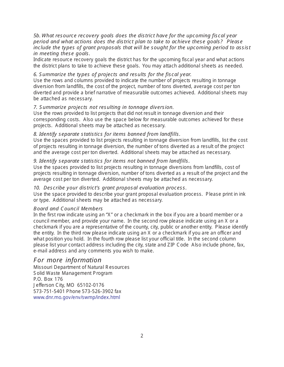 Instructions for Form MO780-1989 Solid Waste Management District Annual Report - Missouri, Page 2