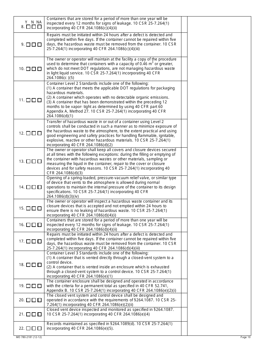 Form MO780-2181 Air Emission Standards for Tanks Surface Impoundments and Containers Inspection Checklist - Missouri, Page 10