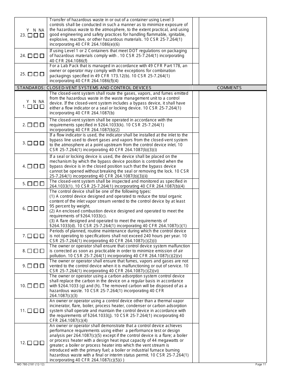 Form MO780-2181 Air Emission Standards for Tanks Surface Impoundments and Containers Inspection Checklist - Missouri, Page 11