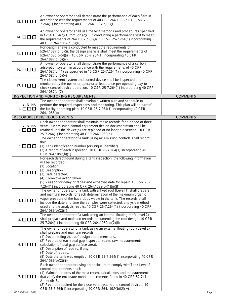 Form MO780-2181 Air Emission Standards for Tanks Surface Impoundments and Containers Inspection Checklist - Missouri, Page 12