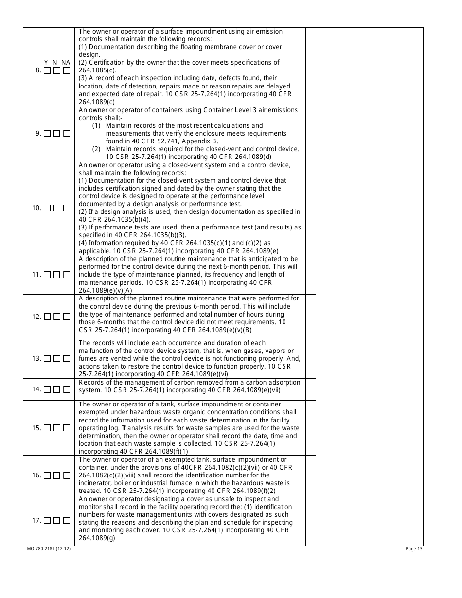 Form MO780-2181 Air Emission Standards for Tanks Surface Impoundments and Containers Inspection Checklist - Missouri, Page 13