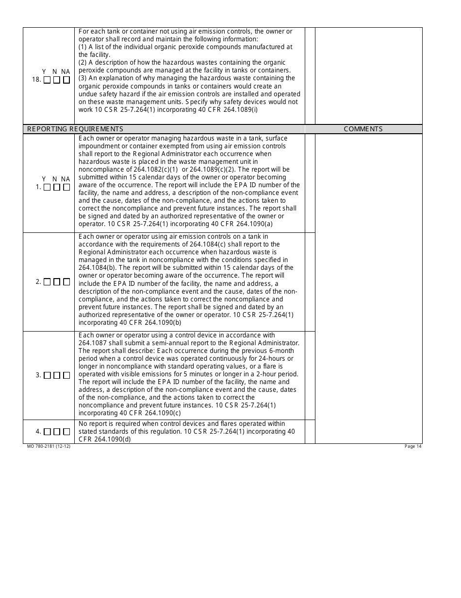 Form MO780-2181 Air Emission Standards for Tanks Surface Impoundments and Containers Inspection Checklist - Missouri, Page 14