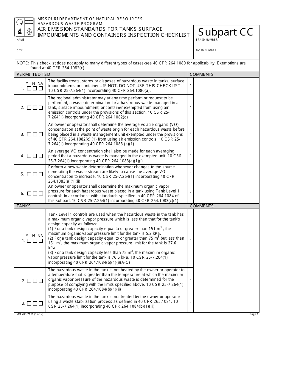 Form MO780-2181 Air Emission Standards for Tanks Surface Impoundments and Containers Inspection Checklist - Missouri, Page 1