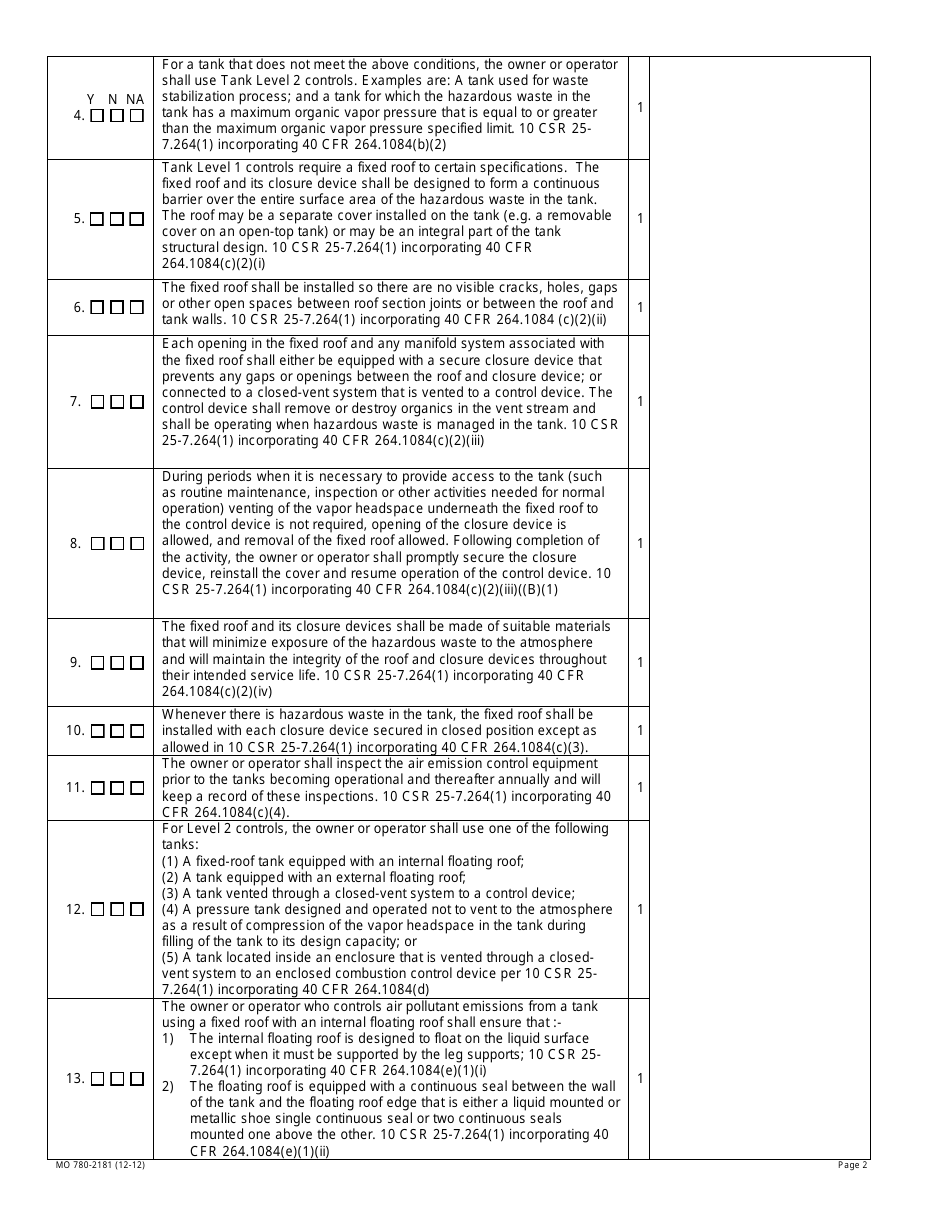 Form MO780-2181 Air Emission Standards for Tanks Surface Impoundments and Containers Inspection Checklist - Missouri, Page 2