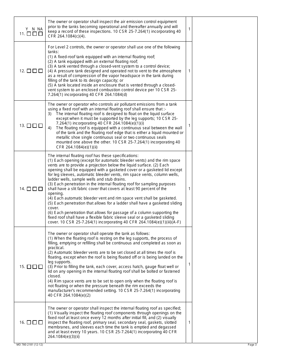 Form MO780-2181 Air Emission Standards for Tanks Surface Impoundments and Containers Inspection Checklist - Missouri, Page 3