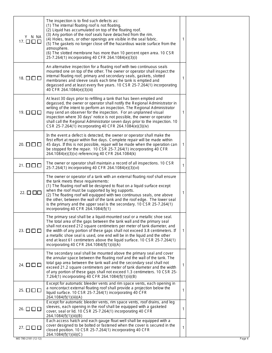 Form MO780-2181 Air Emission Standards for Tanks Surface Impoundments and Containers Inspection Checklist - Missouri, Page 4