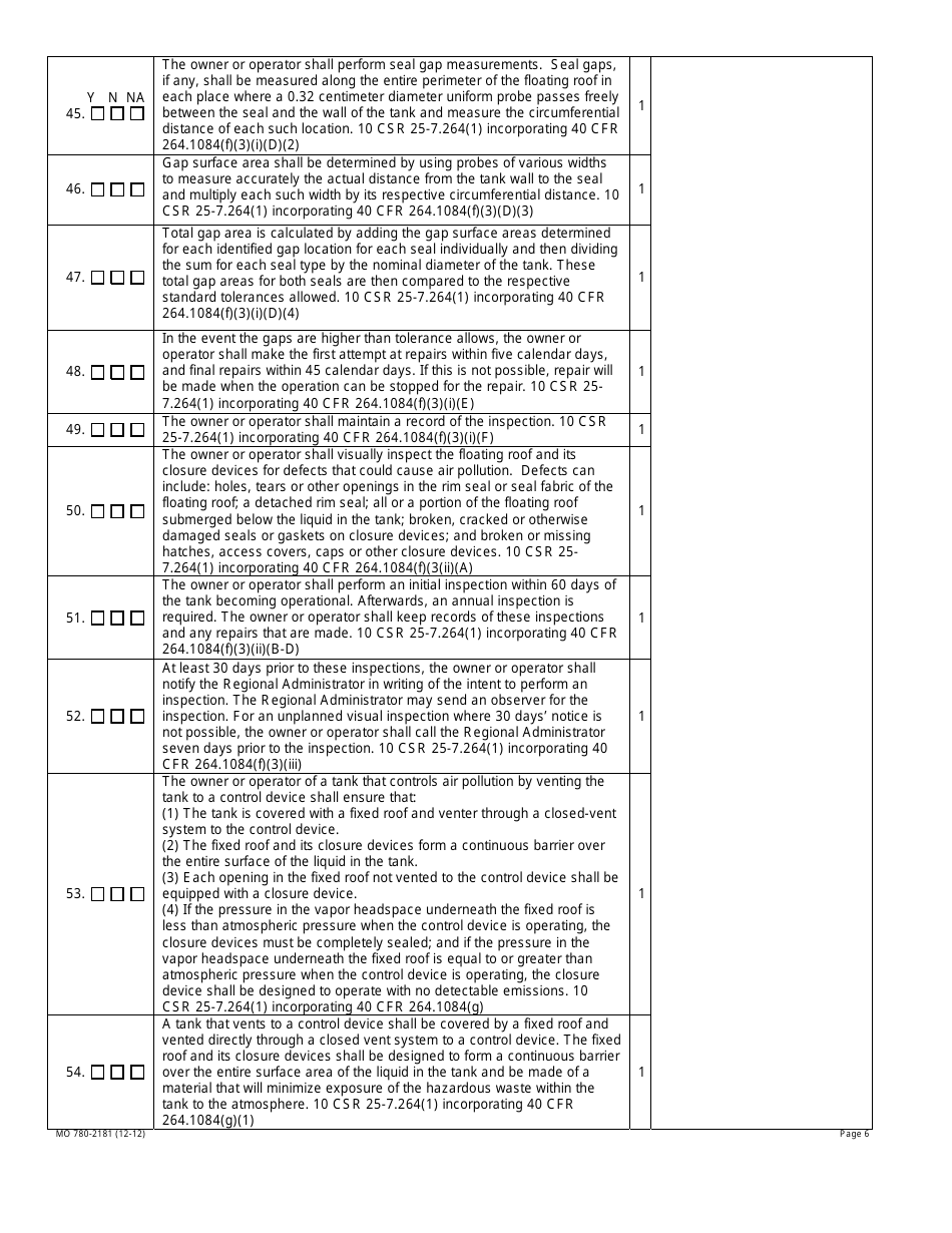 Form MO780-2181 Air Emission Standards for Tanks Surface Impoundments and Containers Inspection Checklist - Missouri, Page 6