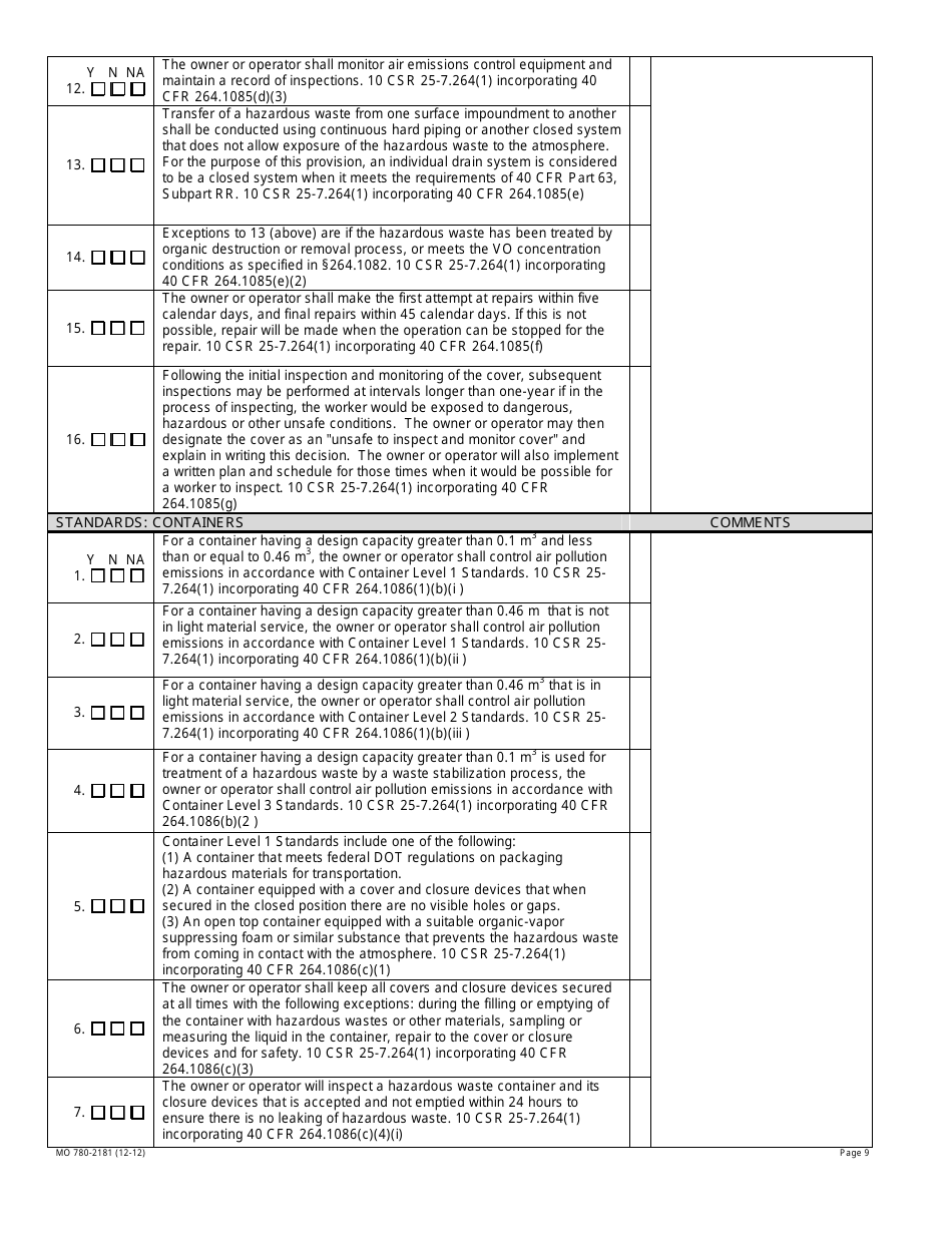 Form MO780-2181 Air Emission Standards for Tanks Surface Impoundments and Containers Inspection Checklist - Missouri, Page 9