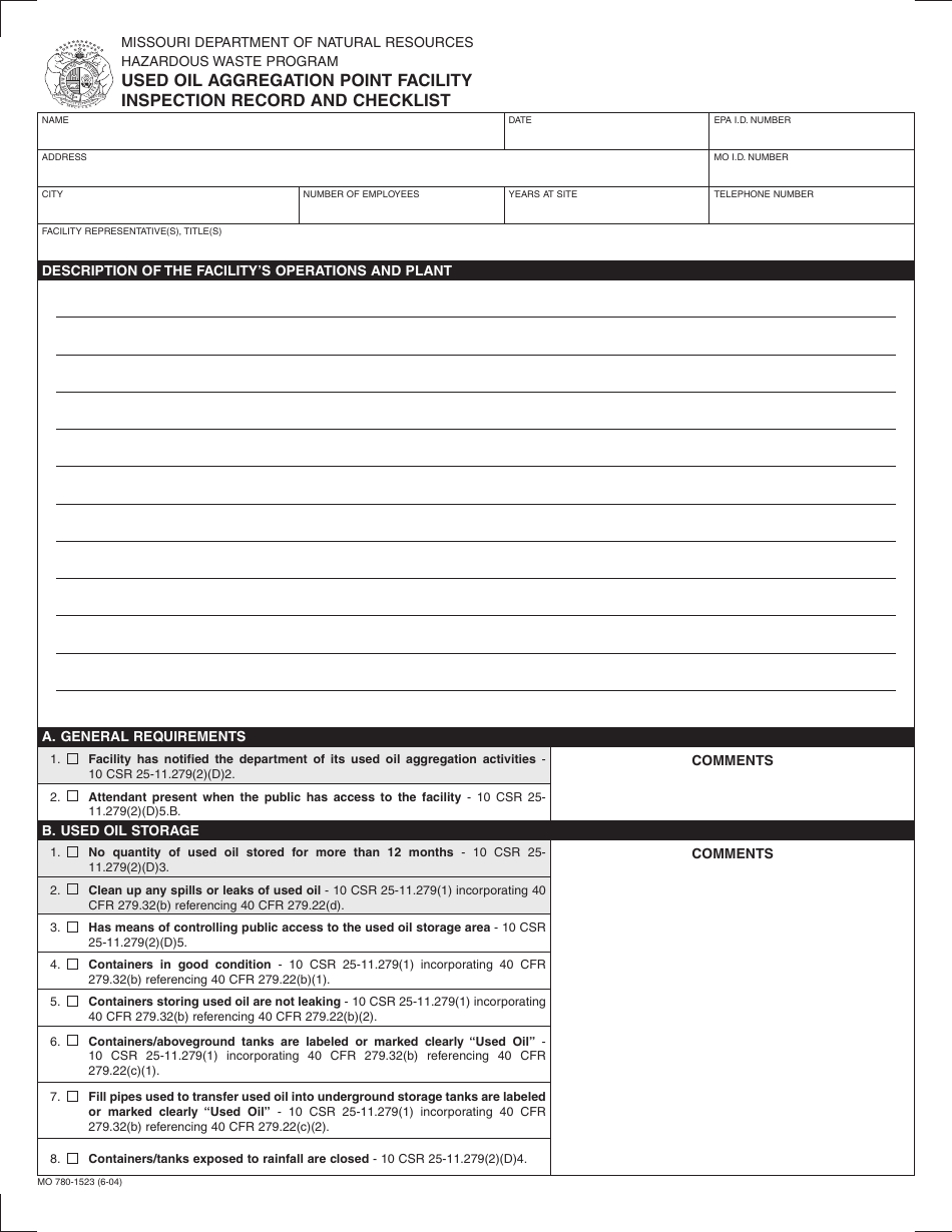 Form MO780-1523 Used Oil Aggregation Point Facility Inspection and Record Checklist - Missouri, Page 1