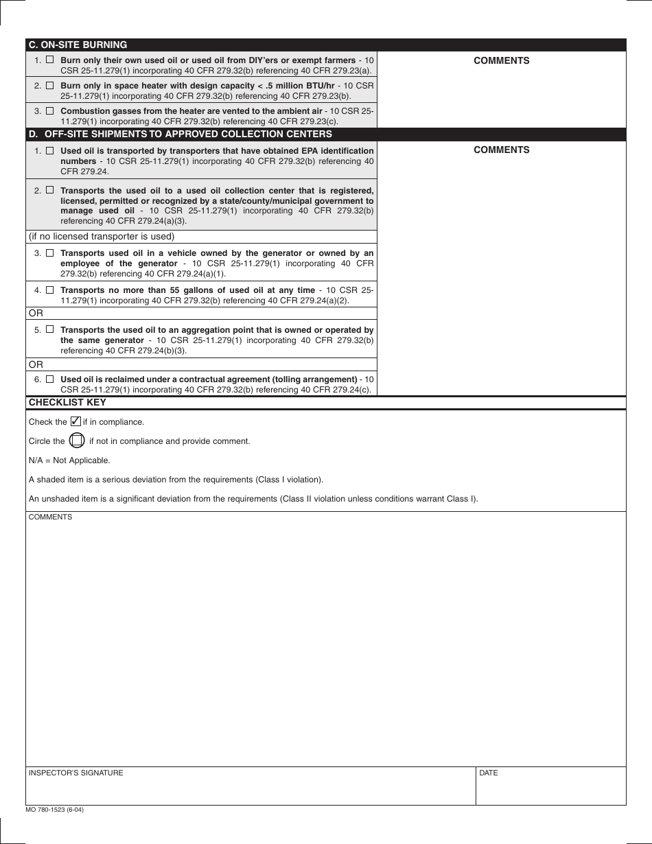 Form MO780-1523 Used Oil Aggregation Point Facility Inspection and Record Checklist - Missouri, Page 2