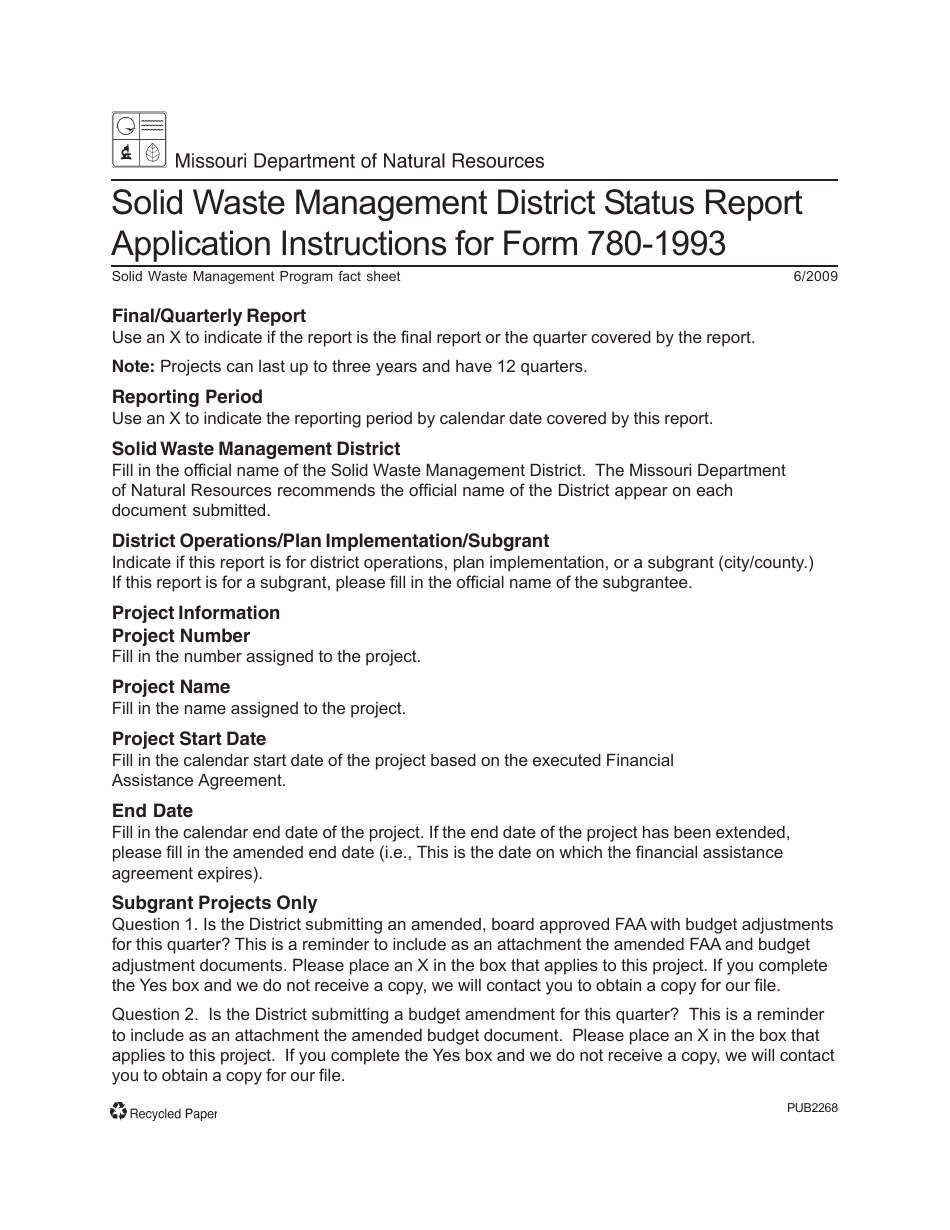Instructions for Form MO780-1993 Solid Waste Management District Status Report - Missouri, Page 1