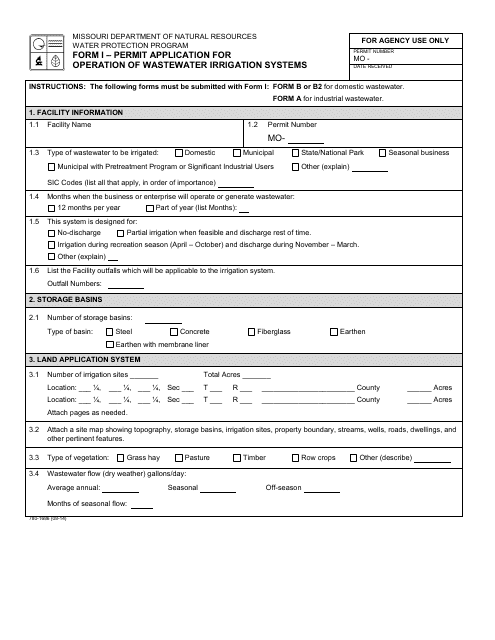 Form MO780-1686 Permit Application for Operation of Wastewater Irrigation Systems - Missouri
