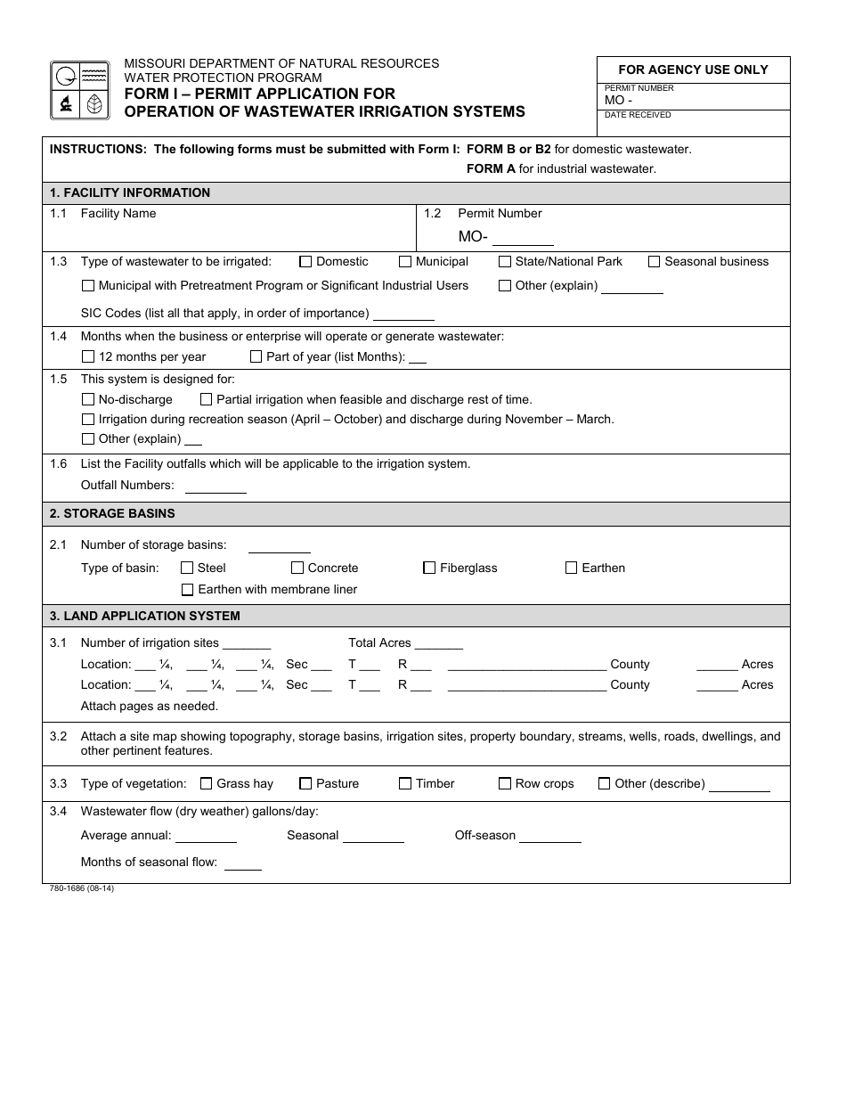 Form MO780-1686 Permit Application for Operation of Wastewater Irrigation Systems - Missouri, Page 1
