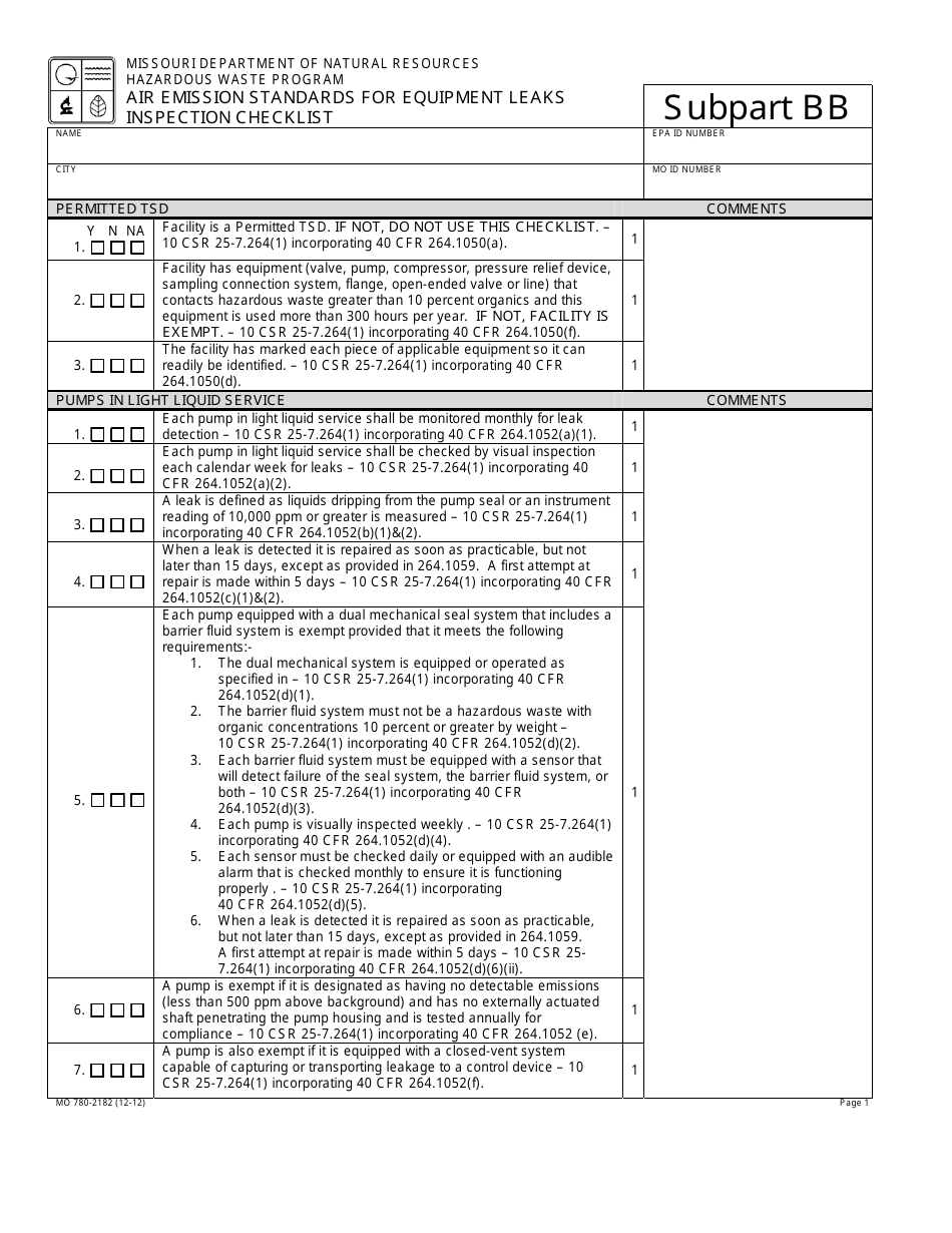 Form MO780-2182 Subpart BB Air Emission Standards for Equipment Leaks Inspection Checklist - Missouri, Page 1