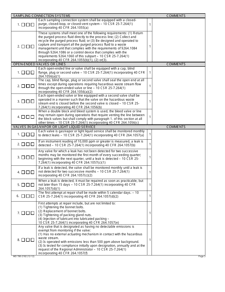 Form MO780-2182 Subpart BB Air Emission Standards for Equipment Leaks Inspection Checklist - Missouri, Page 3