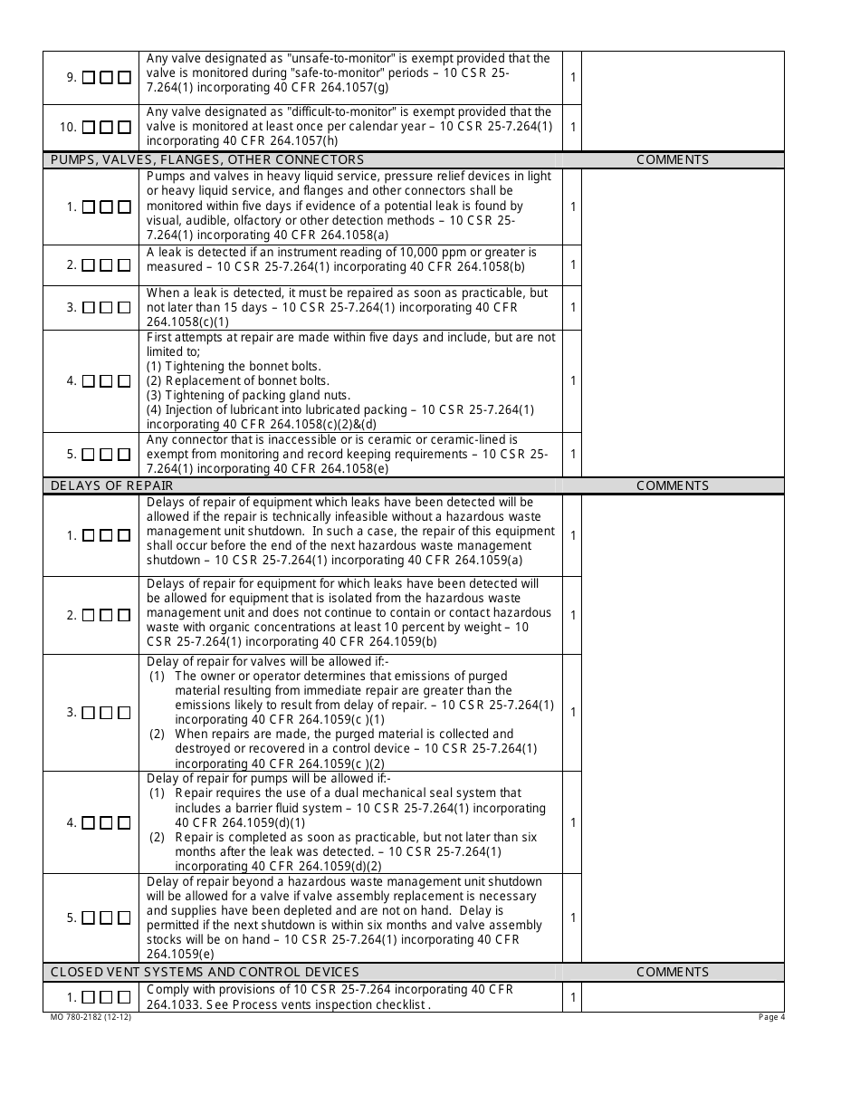 Form MO780-2182 Subpart BB Air Emission Standards for Equipment Leaks Inspection Checklist - Missouri, Page 4