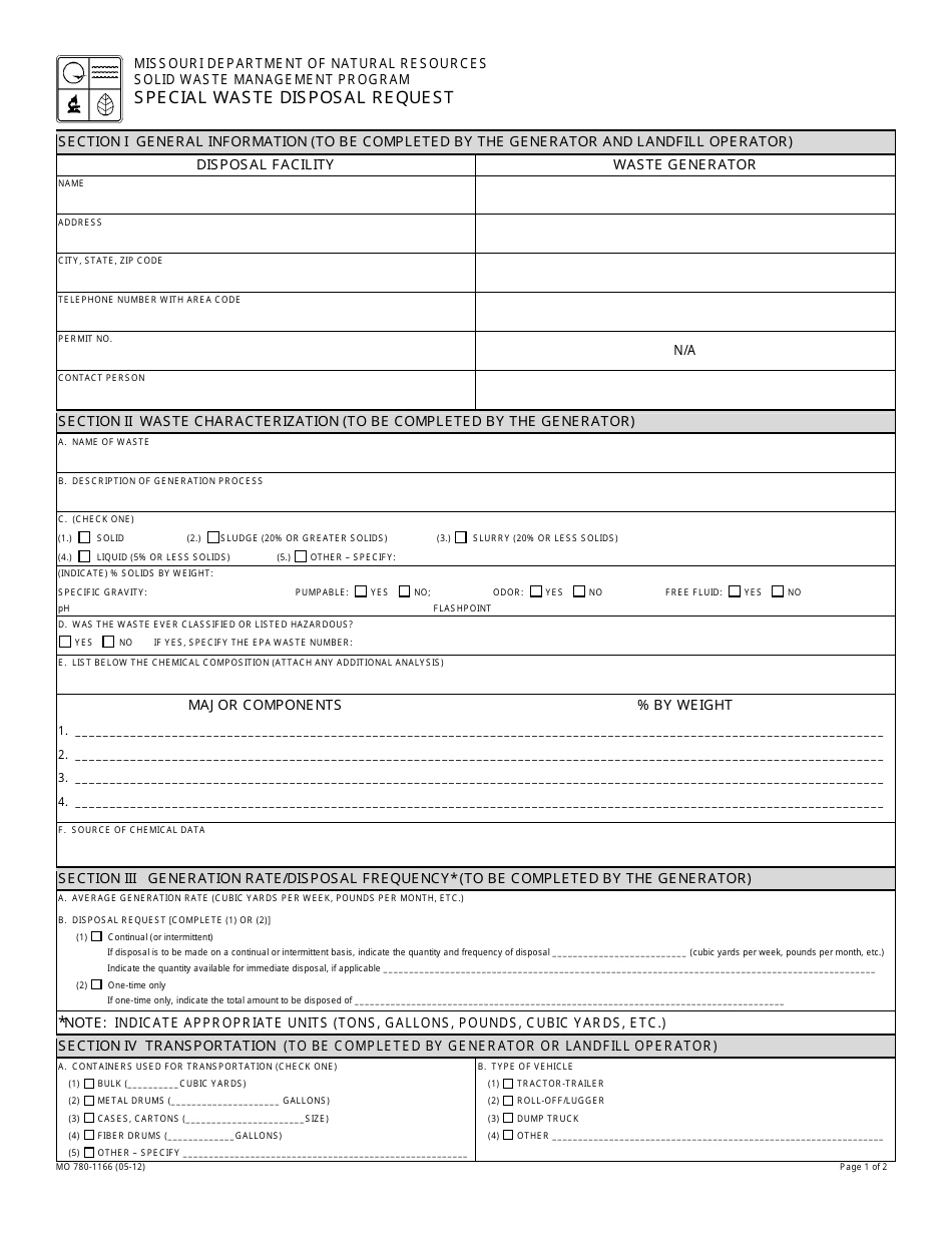 Form MO780-1166 Special Waste Disposal Request - Missouri, Page 1