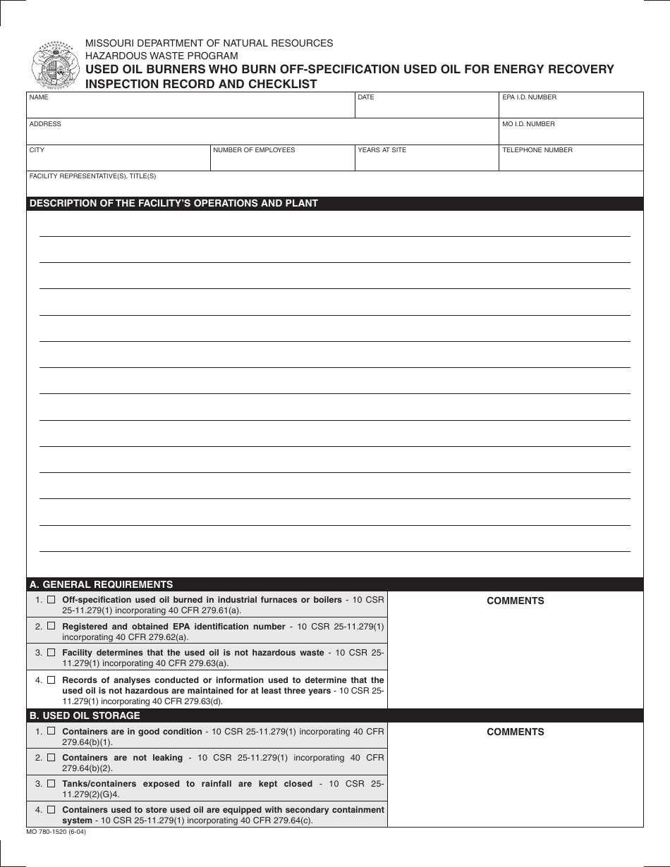 Form MO780-1520 Used Oil Burners Who Burn off-Specification Used Oil for Energy Recovery Inspection and Record Checklist - Missouri, Page 1