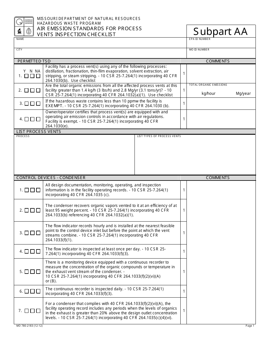 Form MO780-2183 Subpart AA Air Emission Standards for Process Vents Inspection Checklist - Missouri, Page 1