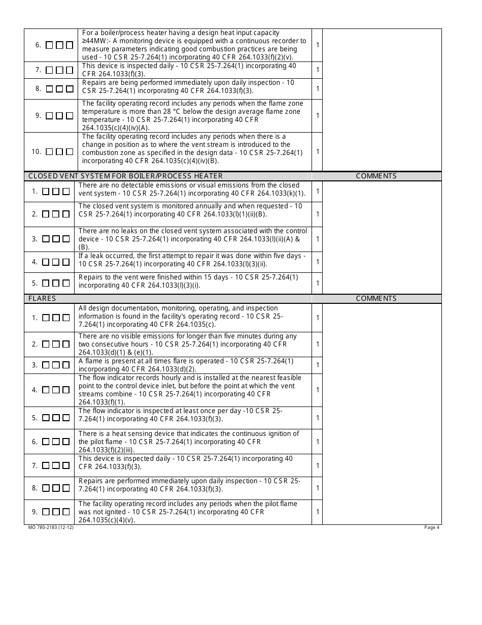 Form MO780-2183 Subpart AA Air Emission Standards for Process Vents Inspection Checklist - Missouri, Page 4