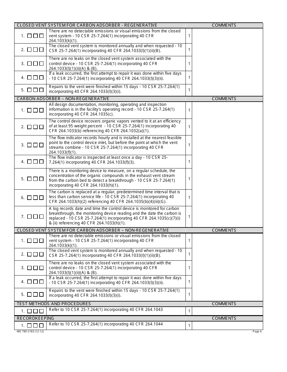 Form MO780-2183 Subpart AA Air Emission Standards for Process Vents Inspection Checklist - Missouri, Page 6