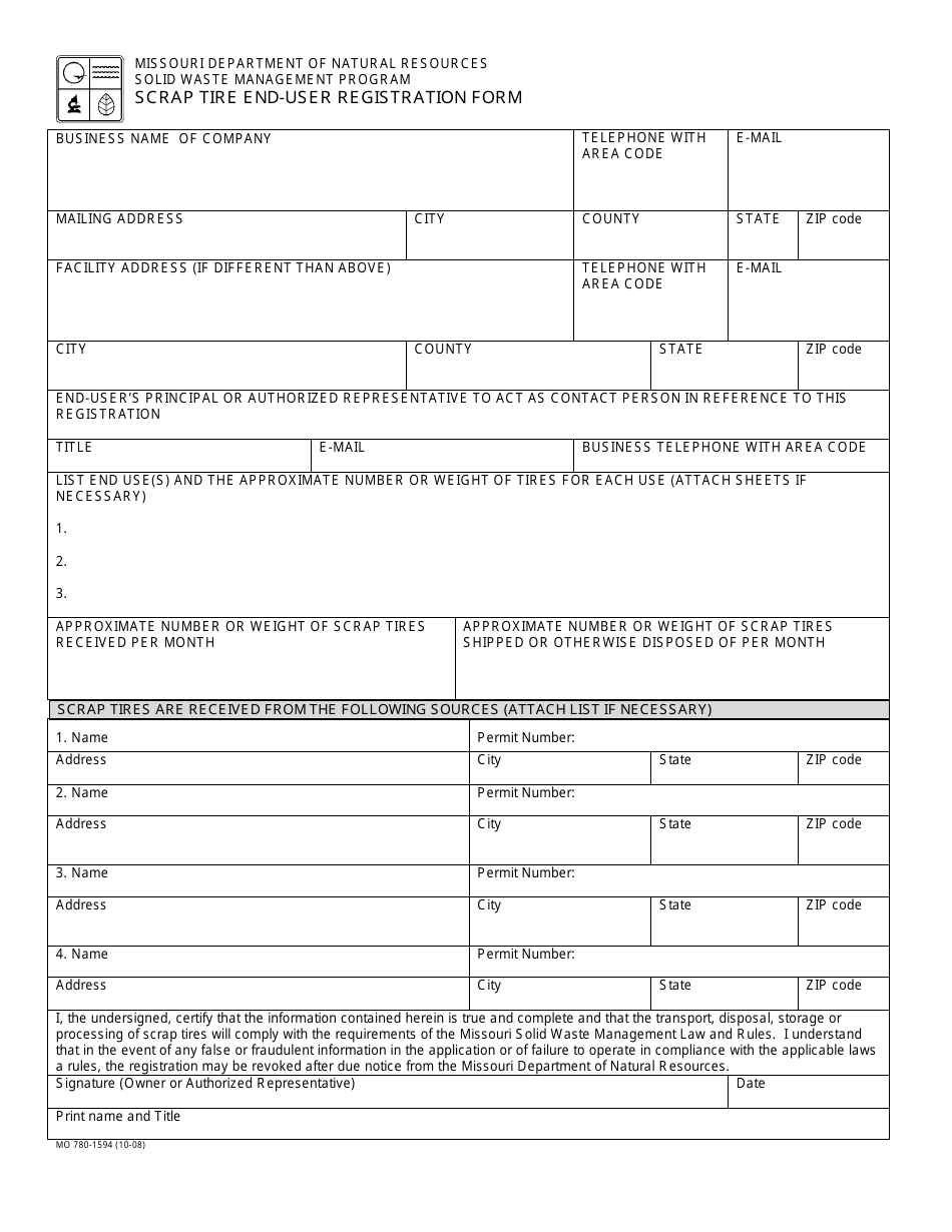 Form MO780-1594 Scrap Tire End-User Registration Form - Missouri, Page 1