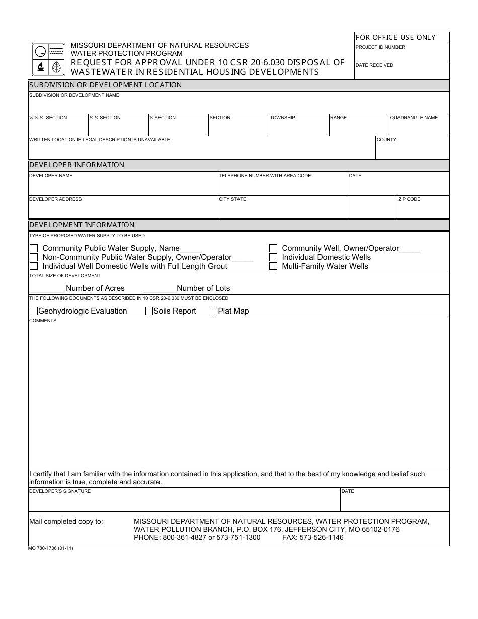 Form MO780-1706 Request for Approval Under 10 Csr 20-6.030 Disposal of Wastewater in Residential Housing Developments - Missouri, Page 1