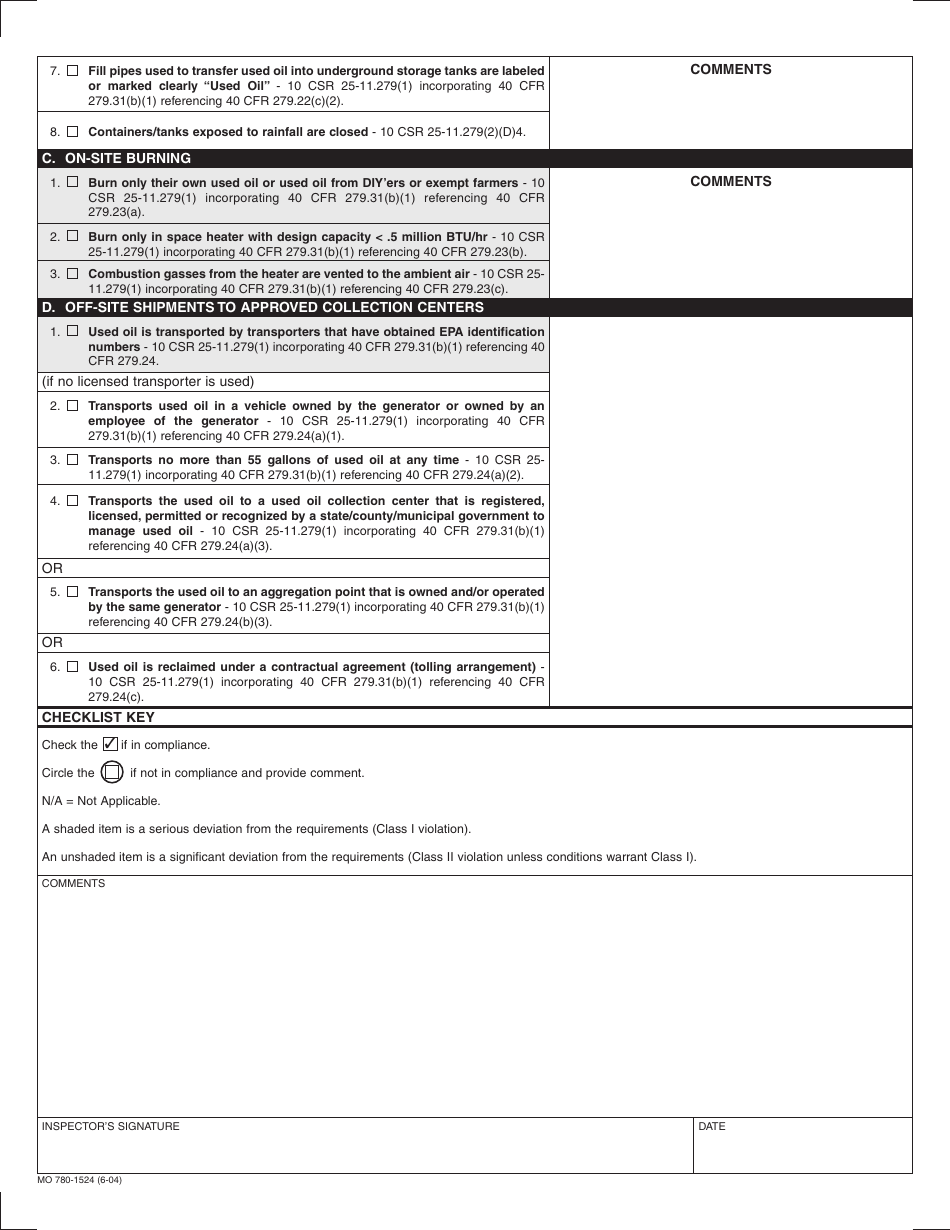 Form MO780-1524 Used Oil Collection Center Inspection and Record Checklist - Missouri, Page 2