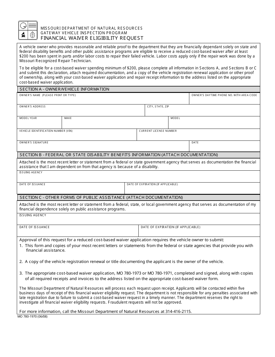 Form MO780-1970 Financial Waiver Eligibility Request - Missouri, Page 1