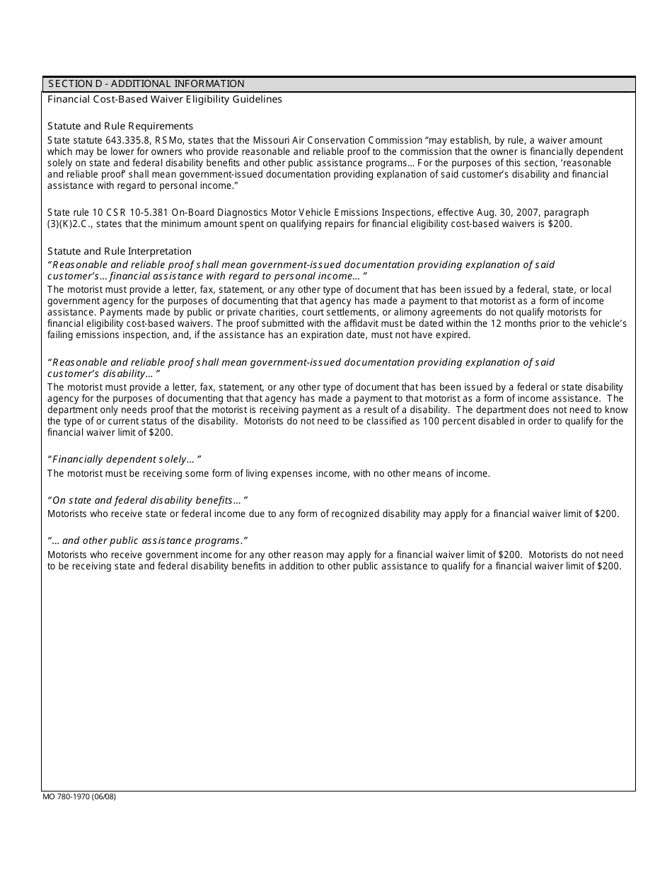 Form MO780-1970 Financial Waiver Eligibility Request - Missouri, Page 2